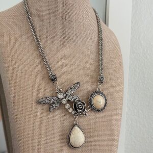 Silver-Tone Floral Dragonfly Necklace with Cream Stone Pendant